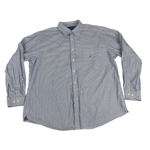 Nautica Men's Button Down Shirt XXL Blue Black White Striped 100% Cotton - Picture 1 of 5